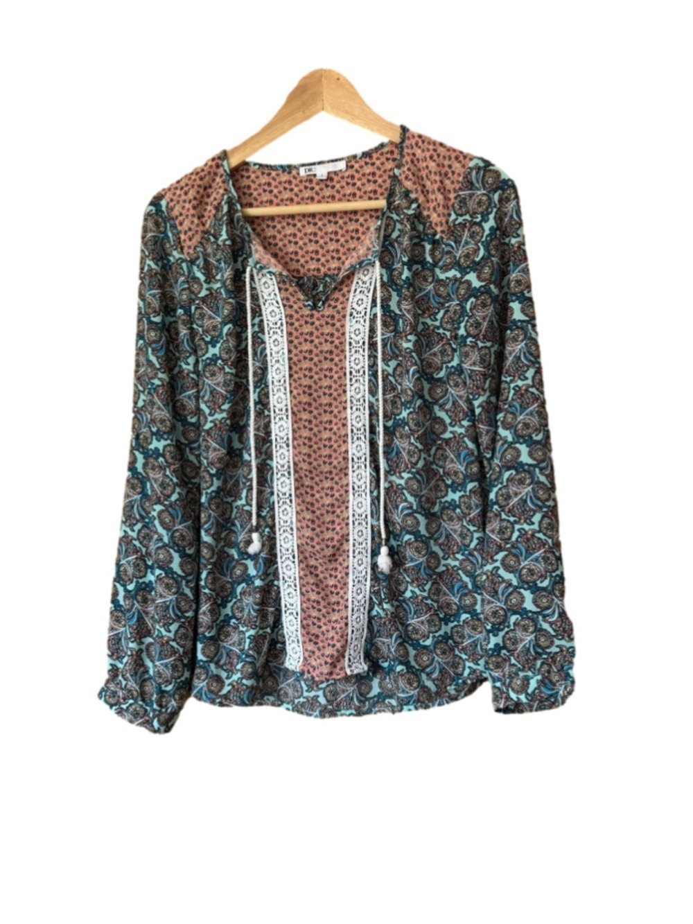 DR2 by Daniel Rainn Boho Paisley Lace-Trim Peasant Blouse in Teal & Coral size S